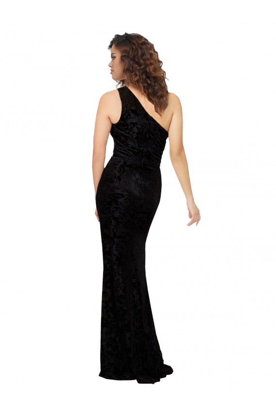 Sheath One Shoulder Floral Velvet & Stretch Velvet Long Black Bridesmaid Dress Sydney