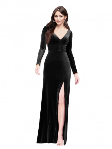 Column V-Neck Stretch Velvet Long Black Formal Evening Gown / Prom Dress / Bridesmaid Dress Sydney