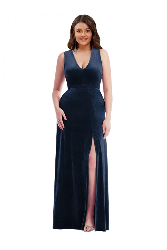 Sheath V-Neck Stretch Velvet Long Dark Navy Formal Plus Size Evening Gown / Prom Dress / Bridesmaid Dress Sydney