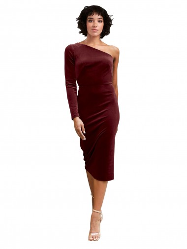 A-Line One Shoulder Stretch Velvet Midi Length Burgundy Black Tie Prom Dress / Bridesmaid Dress Sydney