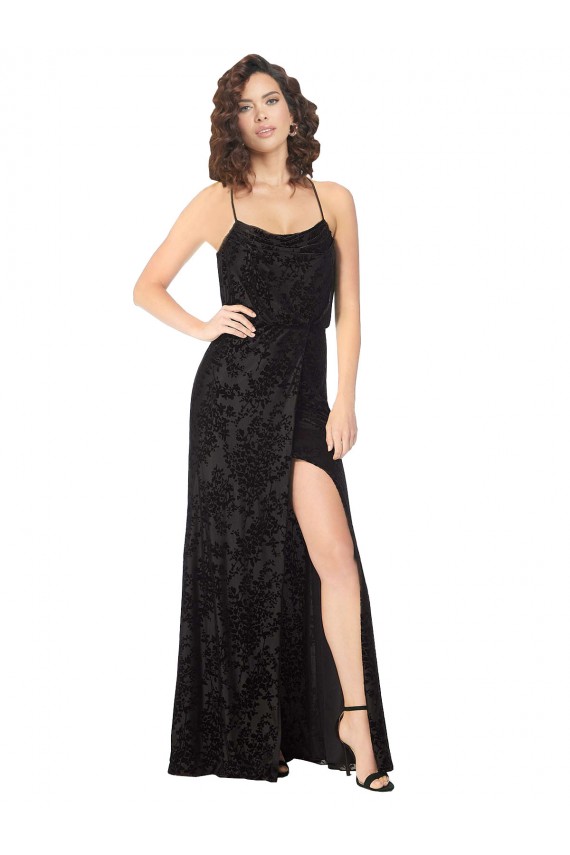 A-Line Cowl Neck Floral Velvet & Stretch Velvet Long Black Bridesmaid Dress Sydney