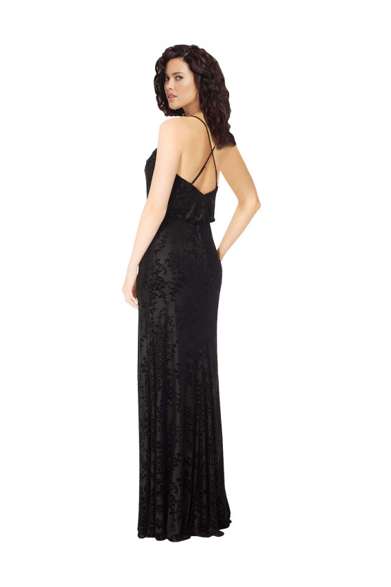 A-Line Cowl Neck Floral Velvet & Stretch Velvet Long Black Bridesmaid Dress Sydney
