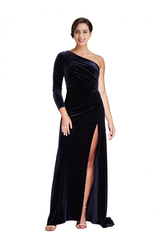 A-Line One Shoulder Stretch Velvet Sweep Train Dark Navy Formal Evening Gown / Prom Dress / Bridesmaid Dress Sydney