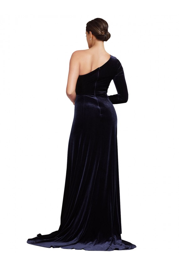 A-Line One Shoulder Stretch Velvet Sweep Train Dark Navy Formal Evening Gown / Prom Dress / Bridesmaid Dress Sydney
