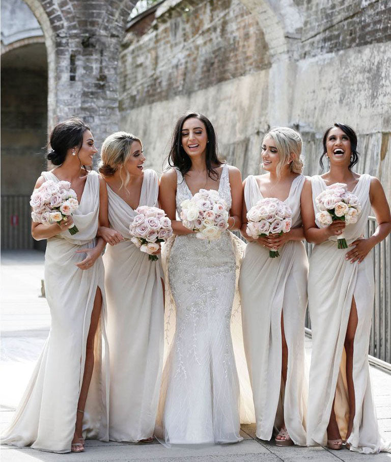 Full Length Luxe Chiffon Long Champagne bridesmaid dresses Sydney with Sexy High Slit and Front Ruffles